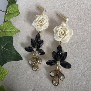 Opalescent White Rose Floral and Black Dangle Earrings